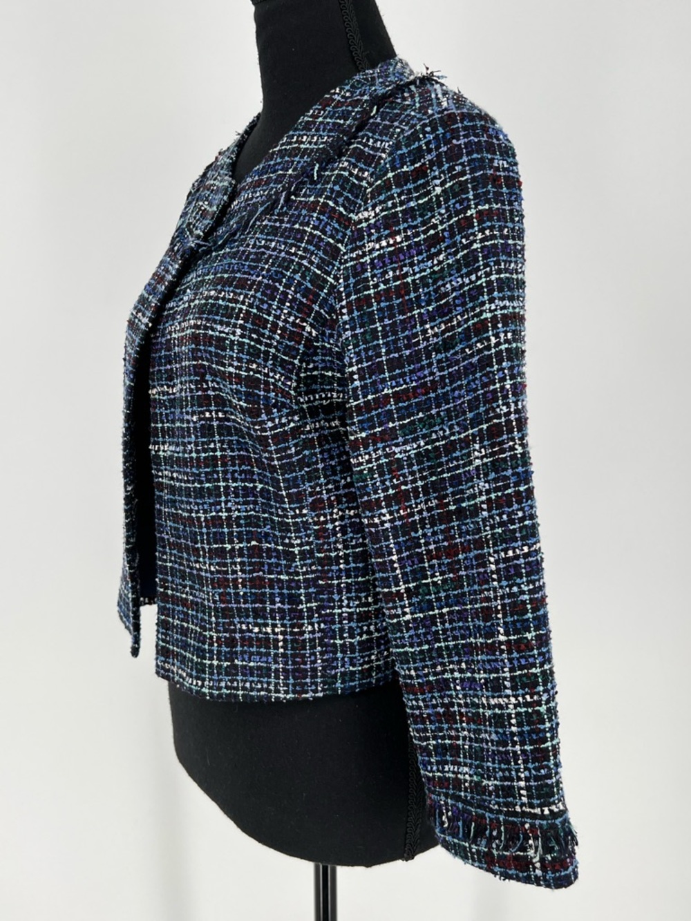 Karl Lagerfeld Paris blue tweed open-front blazer collarless W/fringe trim - Picture 5 of 10